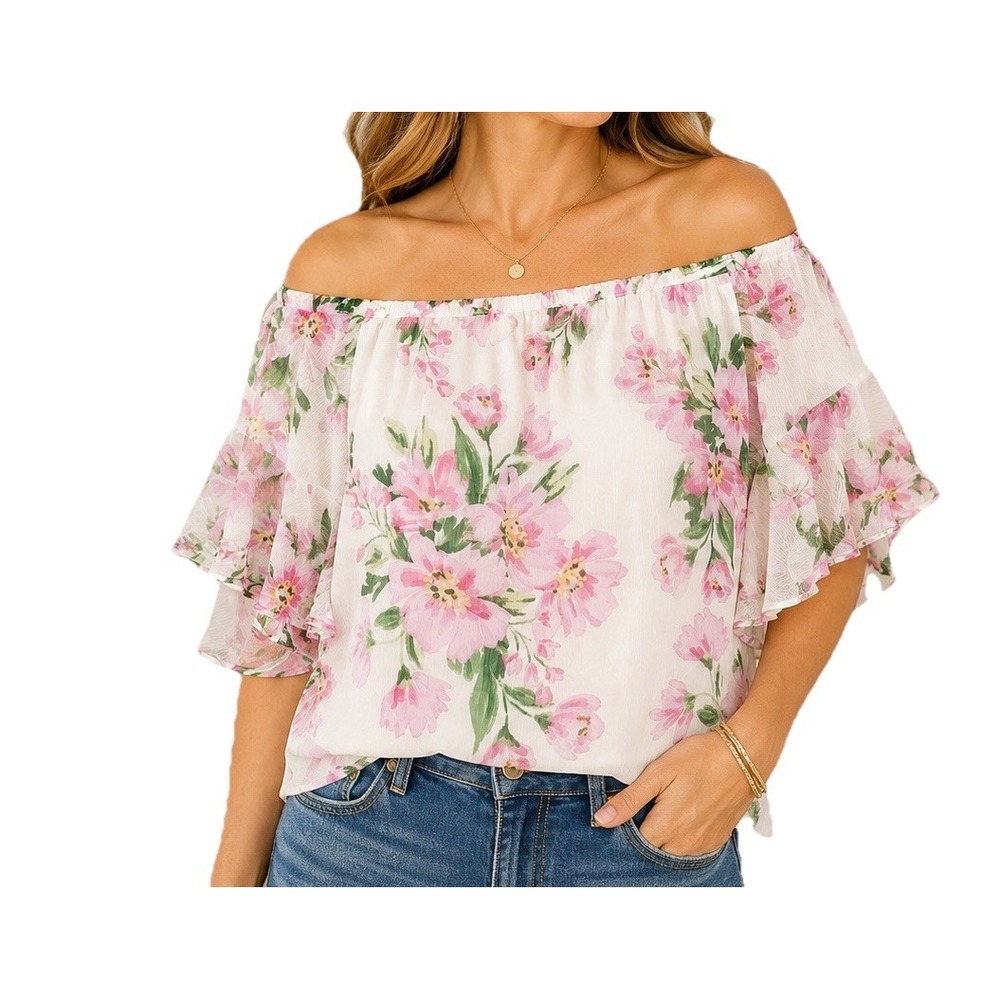 CeCe Floral Off Shoulder Blouse Medium Pink Ivory Chiffon Ruffle NWT Boho Fem